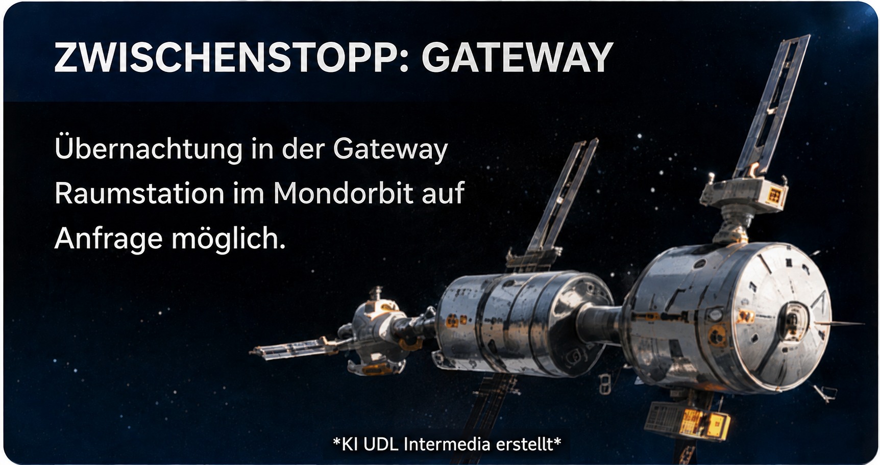 Satirische KI-Visualisierung eines Zwischenstopps an einer Mondraumstation