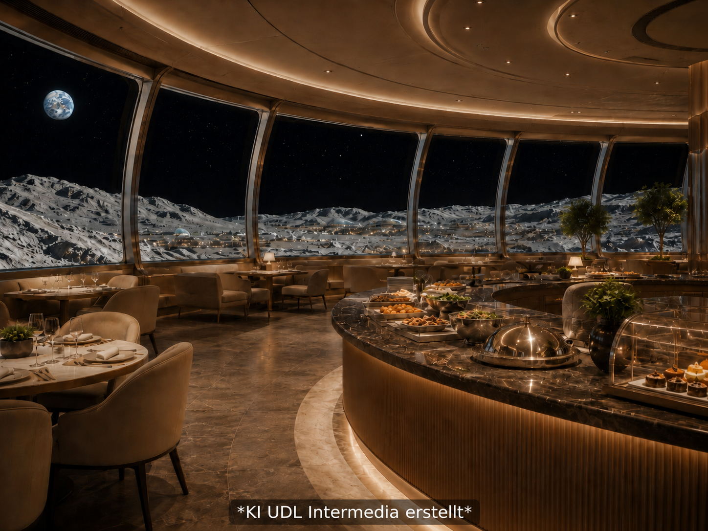 Satirische KI-Visualisierung eines Buffets im Mondresort