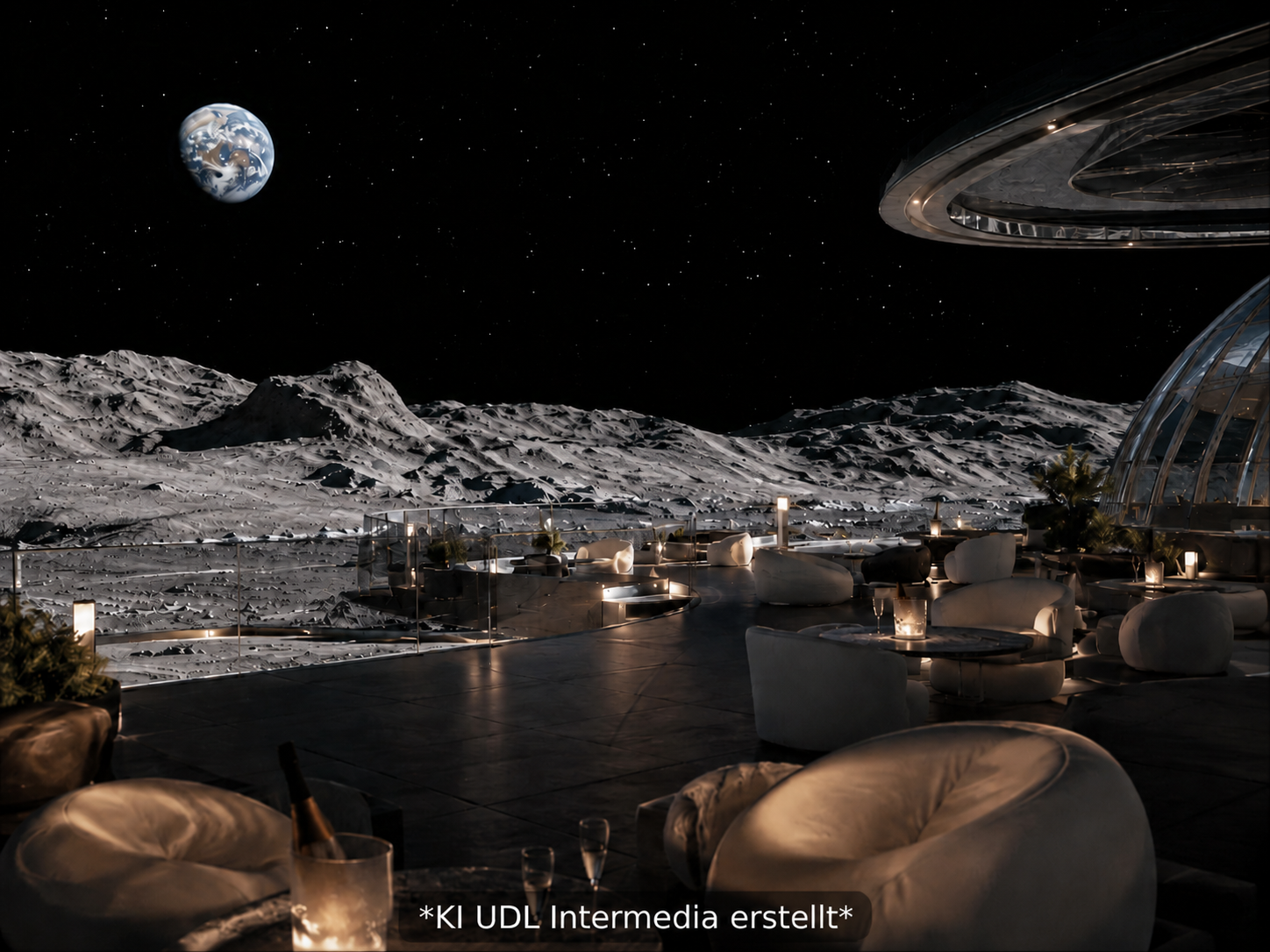 Satirische KI-Visualisierung einer Mondlounge mit Blick auf die Erde