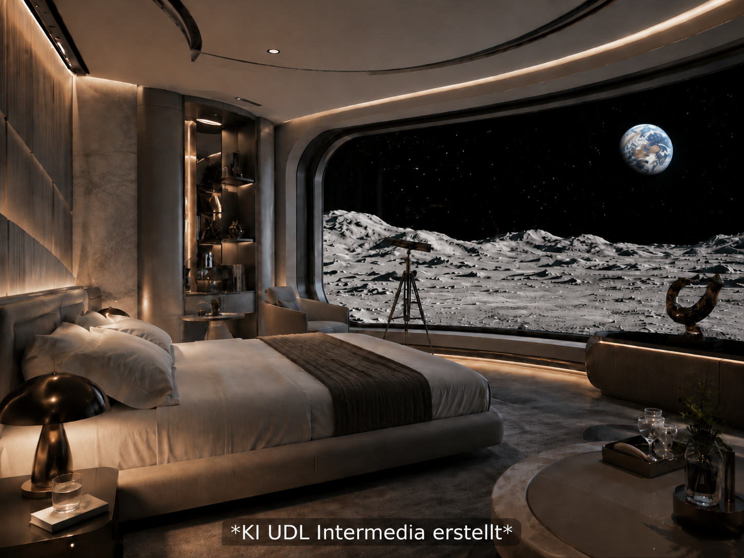 Satirische KI-Visualisierung eines Schlafraums mit Blick auf die Erde