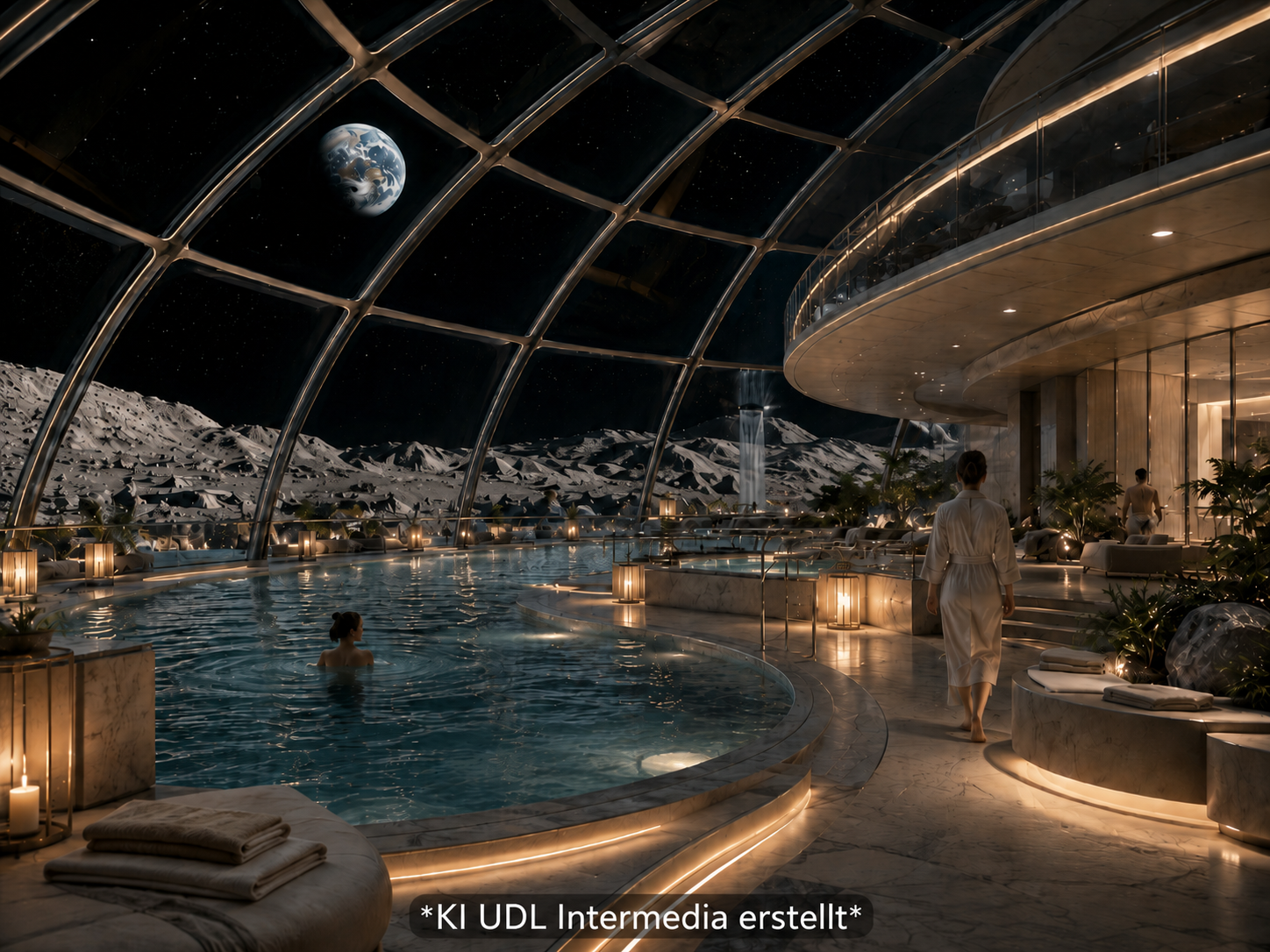 Satirische KI-Visualisierung eines Spa-Bereichs auf dem Mond