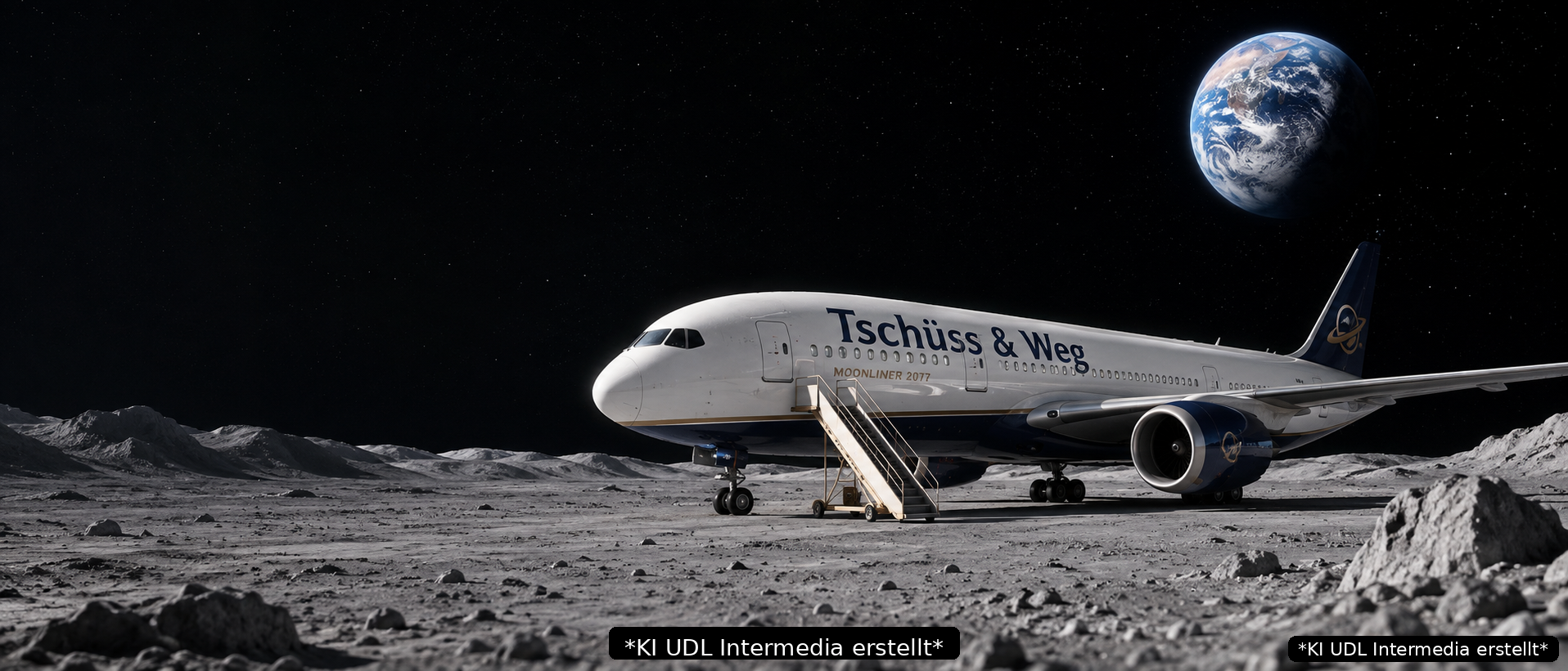 Satire: Tschüss & Weg Moonliner 2077 auf dem Mond mit Blick auf die Erde