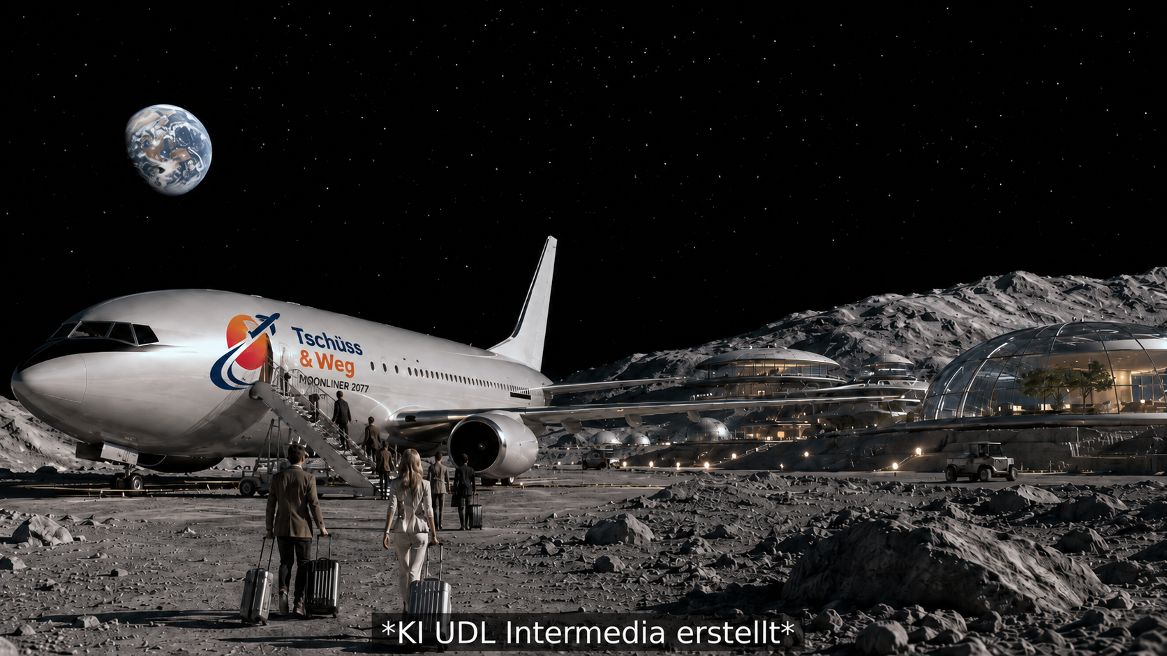 Satirische KI-Visualisierung einer Mondreise mit Flugzeug und futuristischem Resort