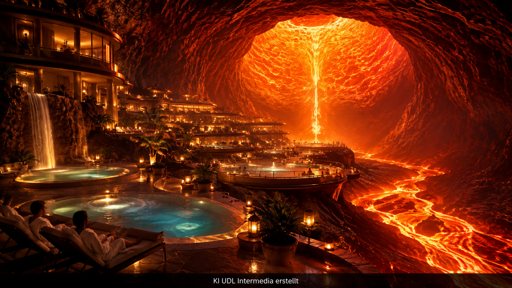 Satirische KI-Visualisierung eines luxuriösen Spa-Resorts im Erdkern mit Lava und Wellnessbecken.