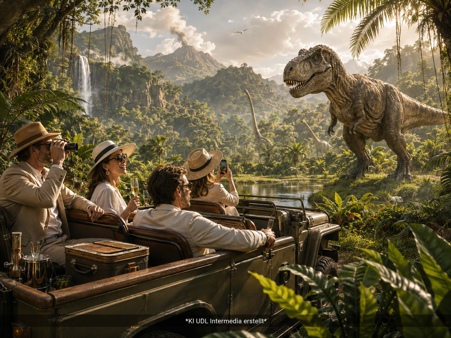 Satirische KI-Visualisierung einer luxuriösen Dino-Safari im Urzeitdschungel mit T-Rex und Zeitreise-Gästen im Jeep.