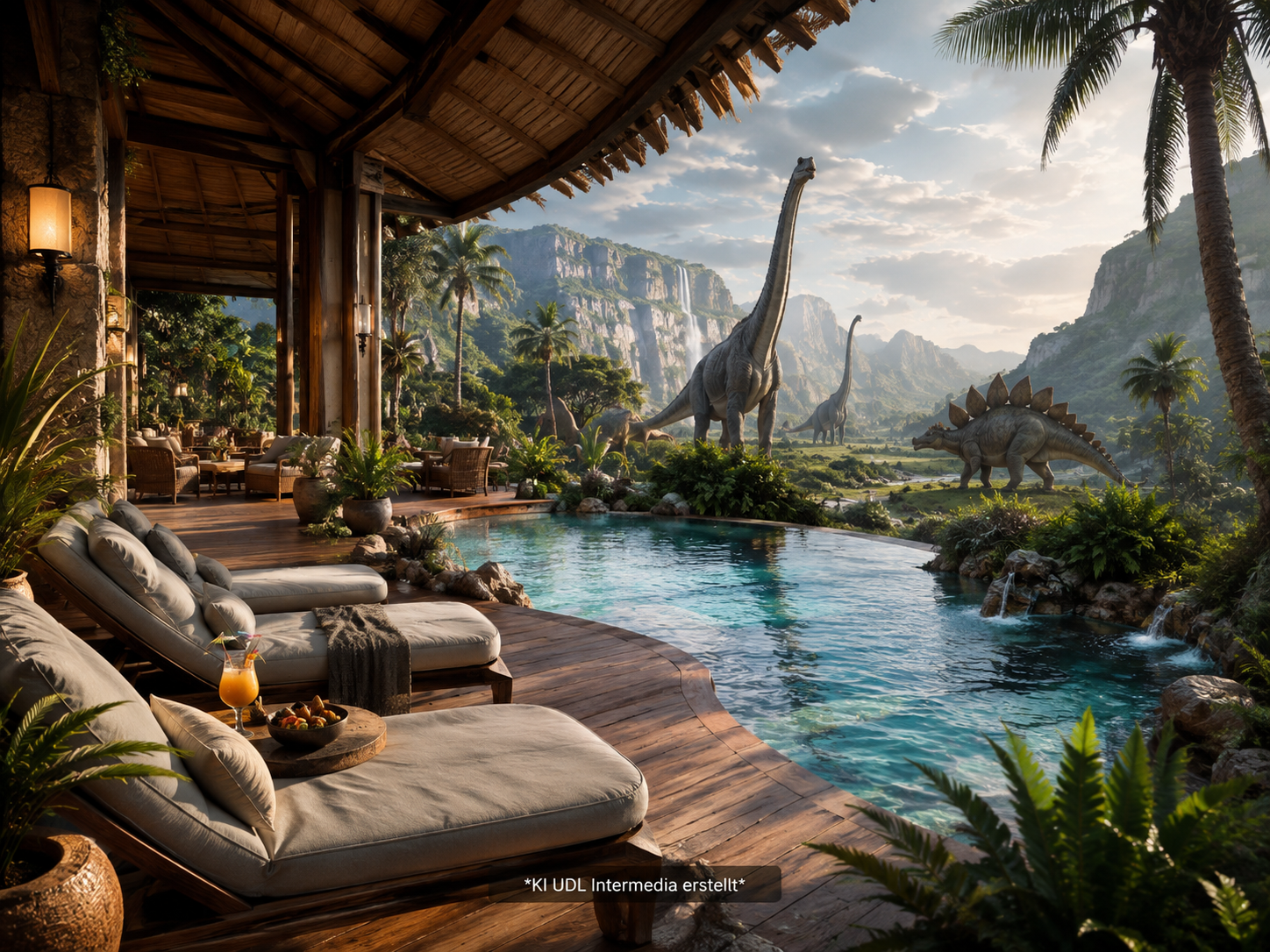 Satirische KI-Visualisierung eines luxuriösen Urzeit-Resorts mit Dinosauriern im prähistorischen Tal.