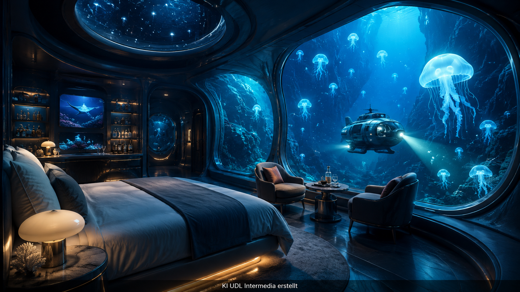 Satirische KI-Visualisierung einer luxuriösen Unterwassersuite im Marianengraben mit Meerblick und U-Boot.