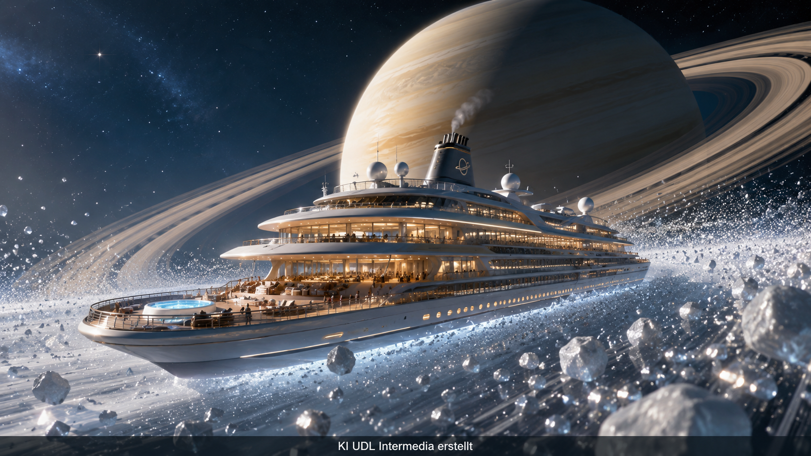 Satirische KI-Visualisierung einer luxuriösen Saturnring-Kreuzfahrt zwischen Eisbrocken und den Ringen des Saturn.